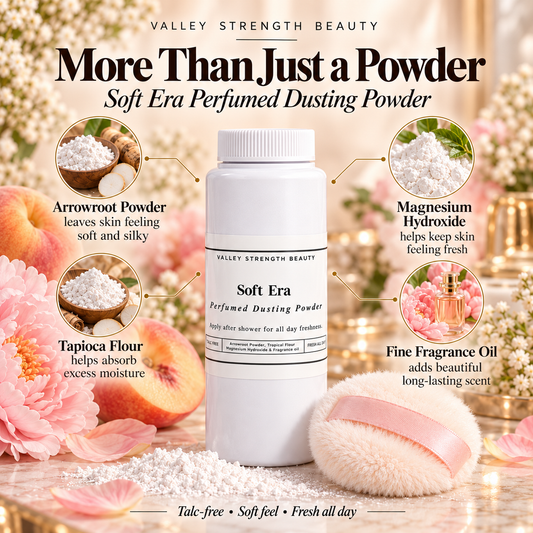 Soft Era perfumed dusting powder educational image showing key ingredients and benefits, including arrowroot powder, tapioca flour, magnesium hydroxide, and fine fragrance oil.