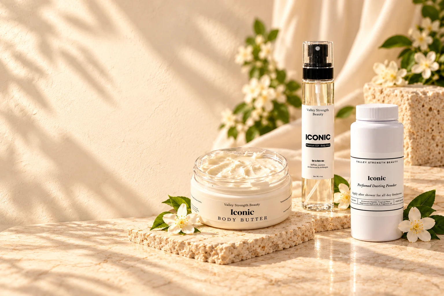 Iconic fragrance and body care on sunlit ivory stone