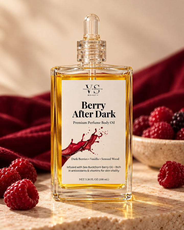 Berry After Dark perfume body oil with berries and red satin
