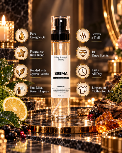 SIGMA cologne body spray inspired by Creed Aventus by Valley Strength Beauty.