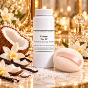 Luxury lifestyle image of Crème No. 17 Bianco Latte inspired perfumed dusting powder with coconut, vanilla and creamy gourmand notes for soft skin and fragrance layering.