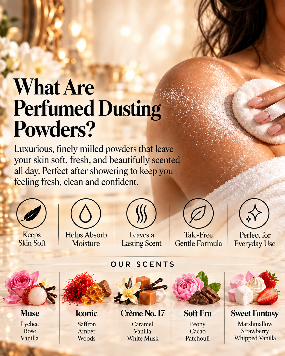 Perfumed dusting powder ingredients and benefits featuring arrowroot powder, tapioca flour, magnesium hydroxide and fragrance oil for soft fresh scented skin.