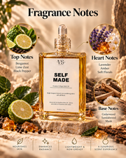 SELF MADE body oil fragrance notes featuring fresh citrus, orange blossom and warm woods inspired by YSL MYSLF Eau de Parfum.