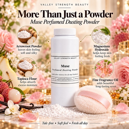 Muse perfumed dusting powder educational image showing key ingredients and benefits, including arrowroot powder, tapioca flour, magnesium hydroxide, and fine fragrance oil.