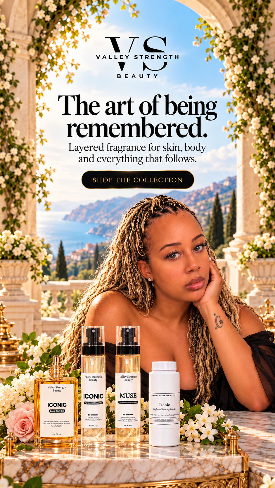 Valley Strength Beauty luxury fragrance layering collection with body mist perfume body oil and dusting powder