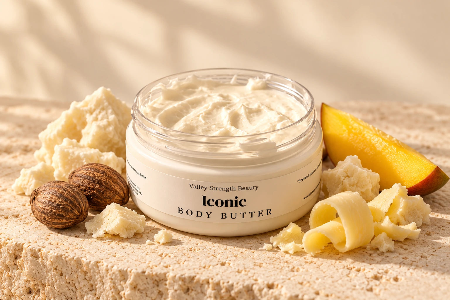 Iconic body butter with realistic shea butter and mango butter ingredients